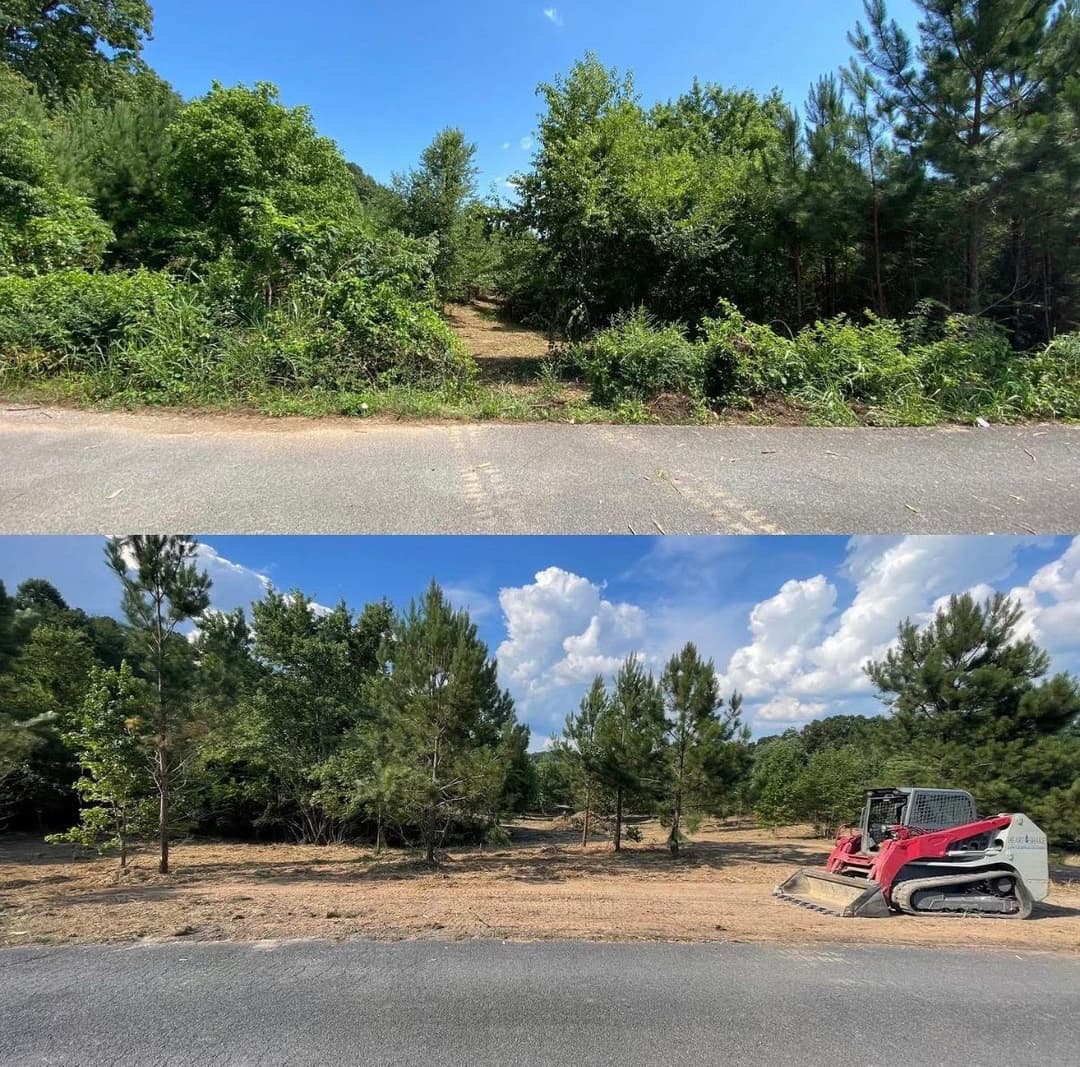 Before and after image of land clearing, showcasing dense foliage and machinery in a sunny landscape.
