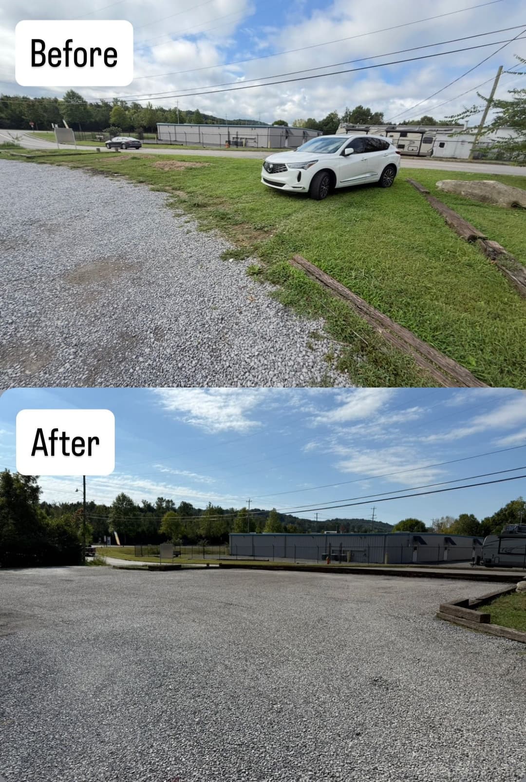 Before and after images showcasing a gravel parking lot transformation with improved landscaping.
