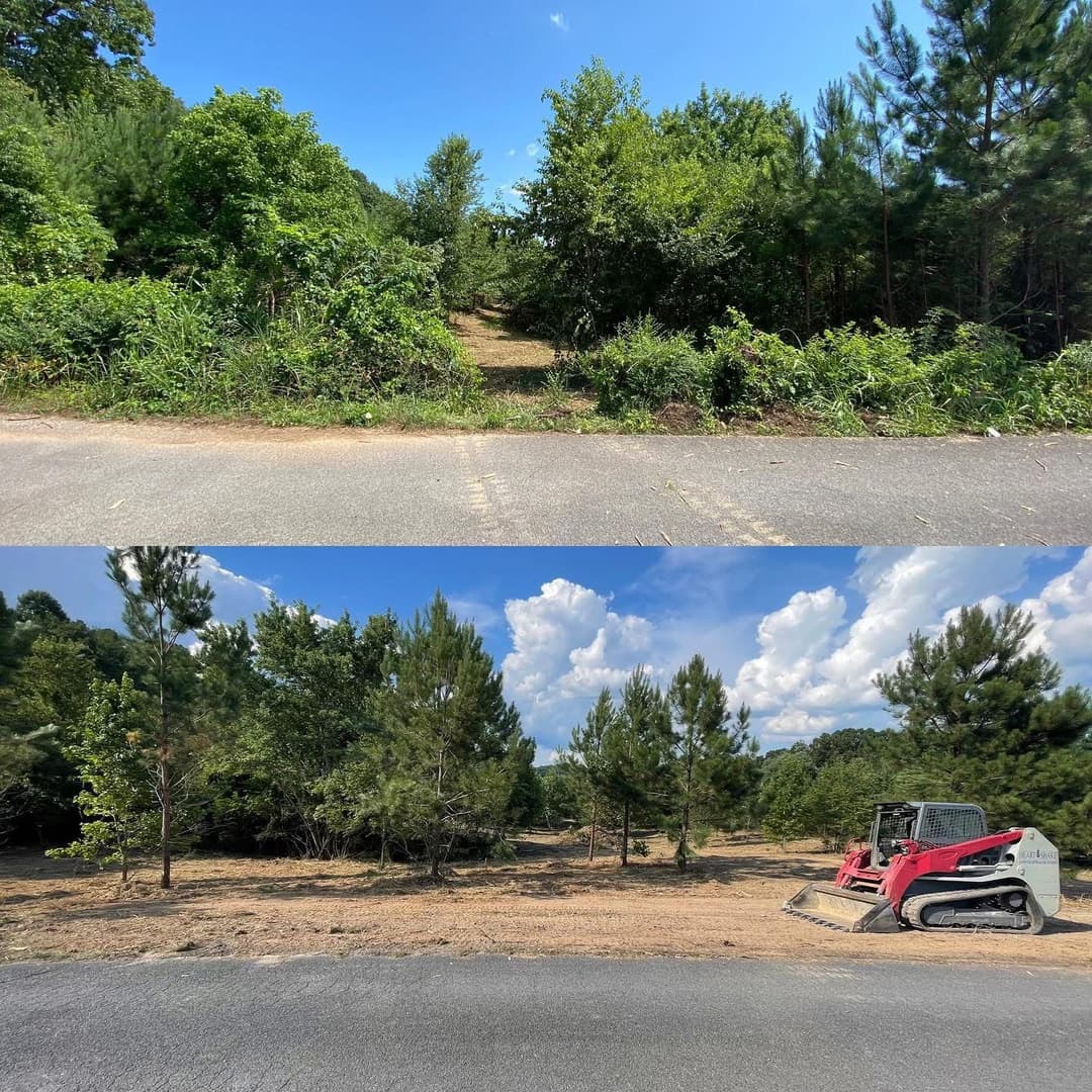 Before and after of a cleared forest area with landscaping equipment and a blue sky.